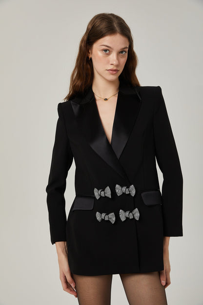 Crystal Bow Embellished Black Tailored Blazer