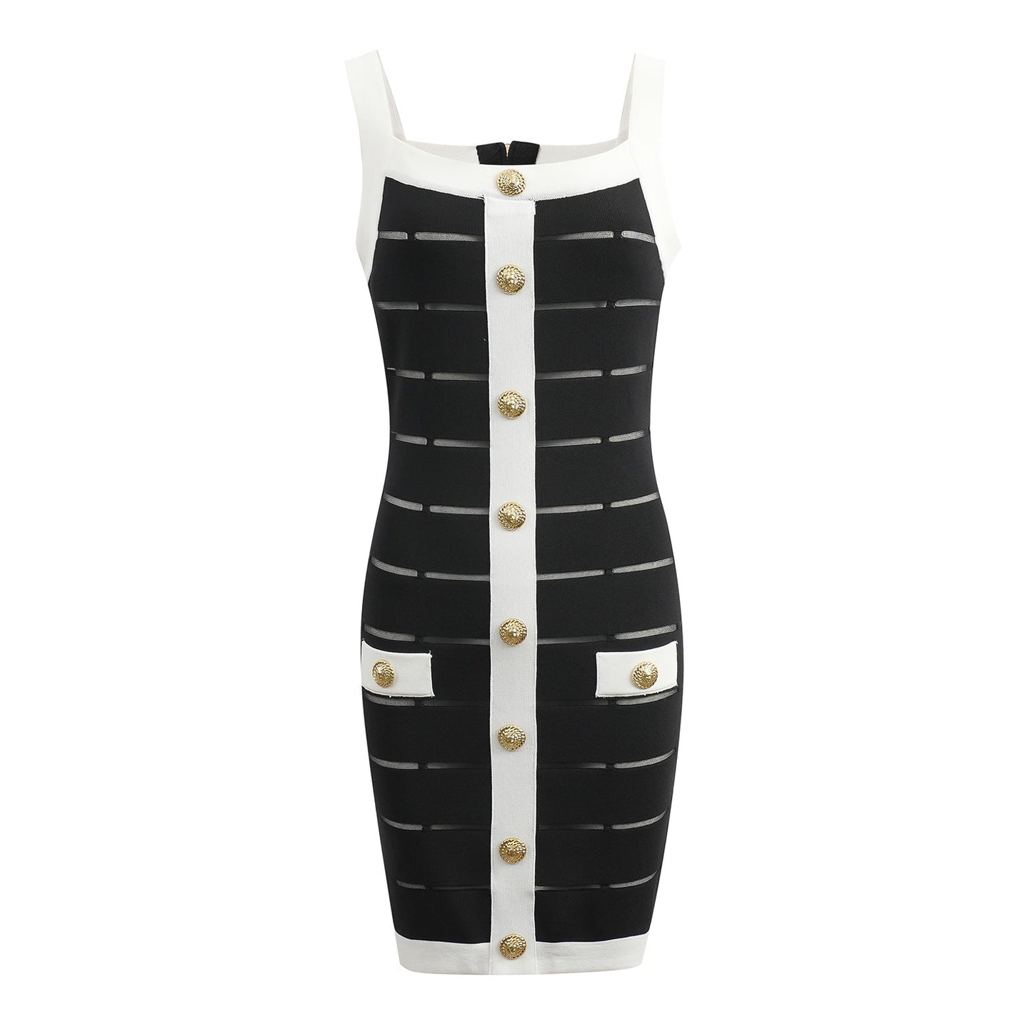 Bodycon Dress with Gold Button Accents - Black