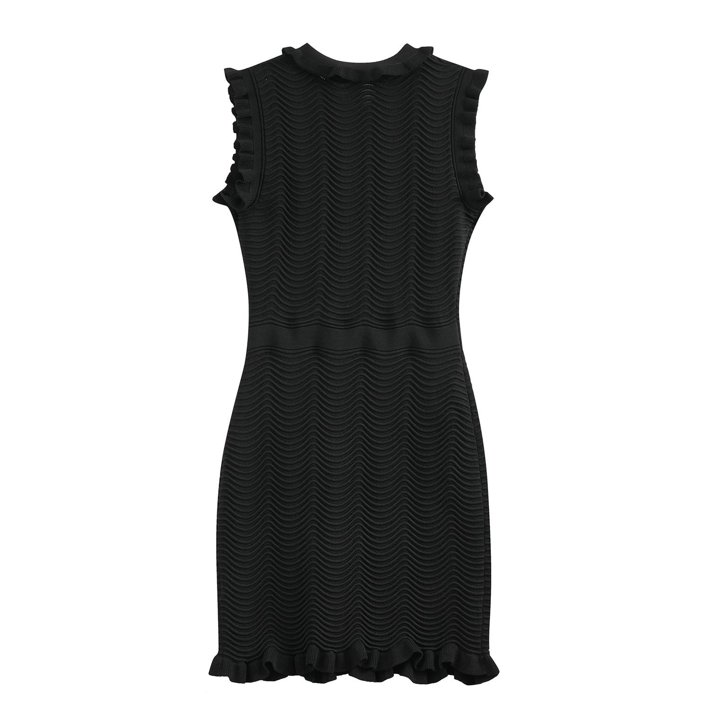 Bodycon Dress with Textured Pattern & Ruffle Details - Black