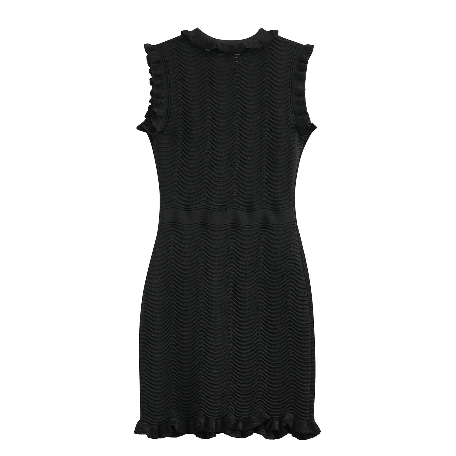 Bodycon Dress with Textured Pattern & Ruffle Details - Black