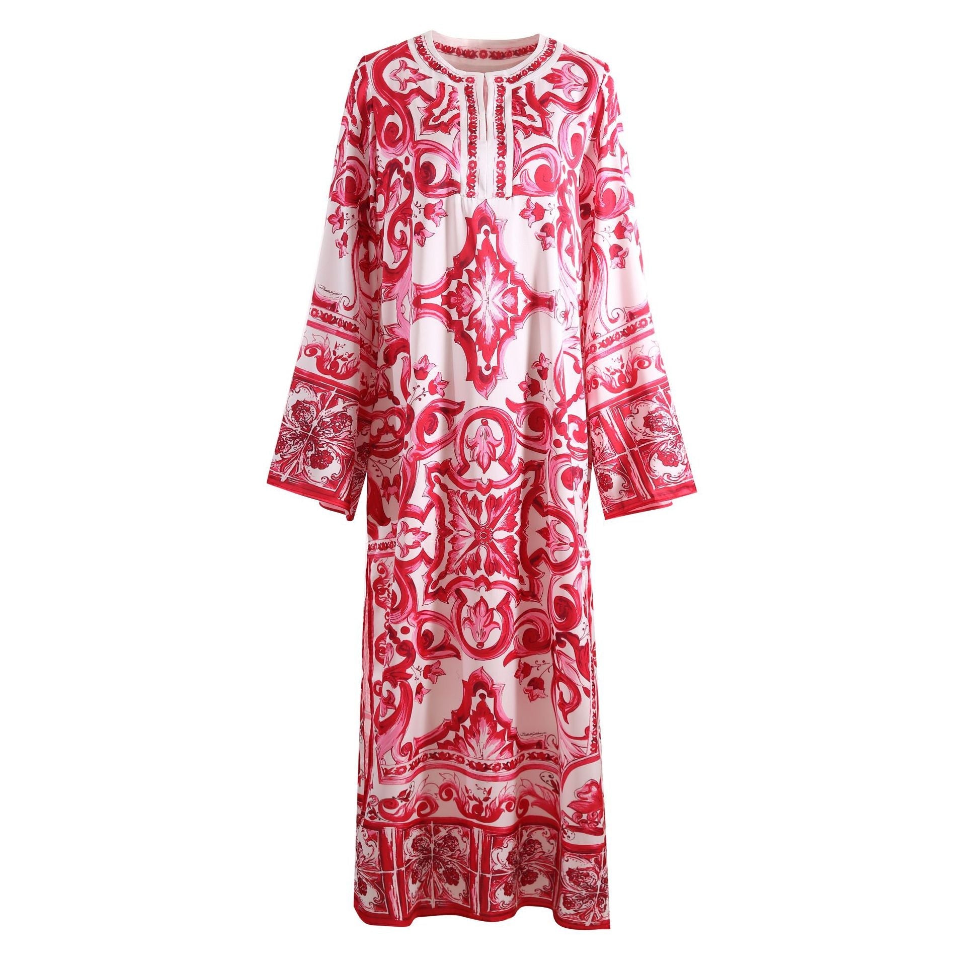 Bohemian Elegance Maxi Dress - Artistic Baroque - Inspired Print - Red