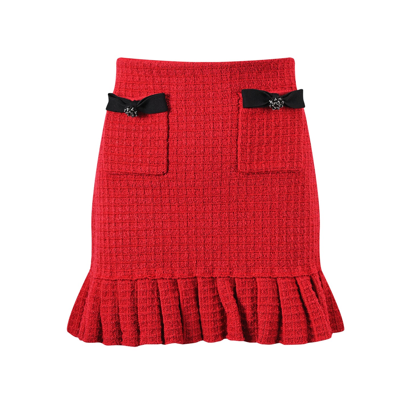 Striking red knitted wool jacket with black trim and decorative bows paired with a matching skirt featuring a flared hem