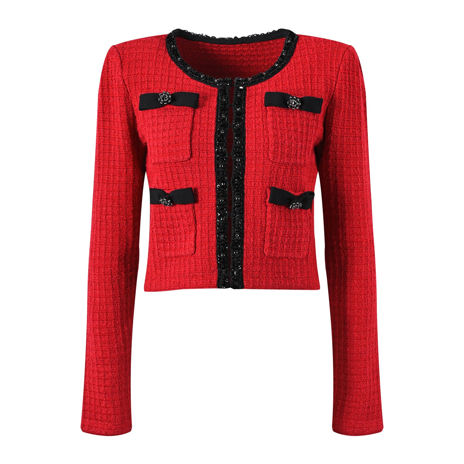 Striking red knitted wool jacket with black trim and decorative bows paired with a matching skirt featuring a flared hem