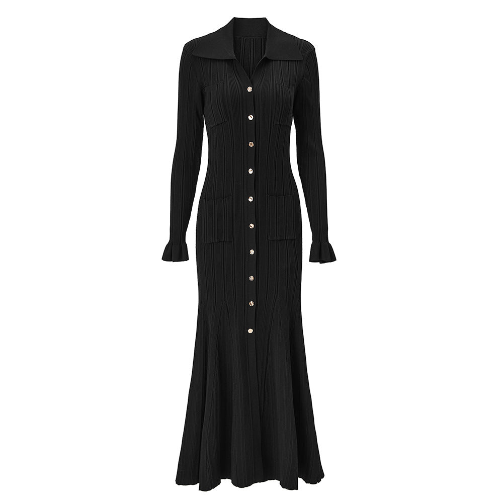 Button - Down Ribbed Maxi Dress: Versatile, Waist - Accentuating - Black