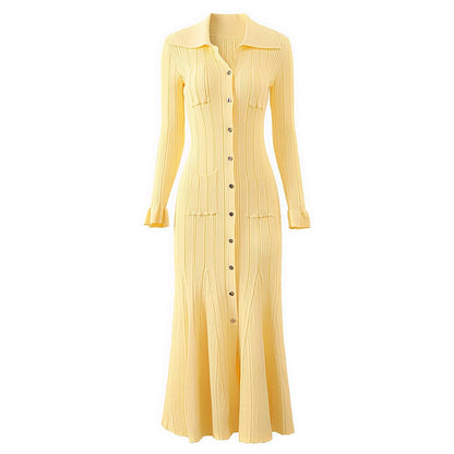 Button - Down Ribbed Maxi Dress: Versatile, Waist - Accentuating - Yellow