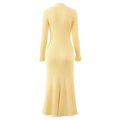 Button - Down Ribbed Maxi Dress: Versatile, Waist - Accentuating - Yellow