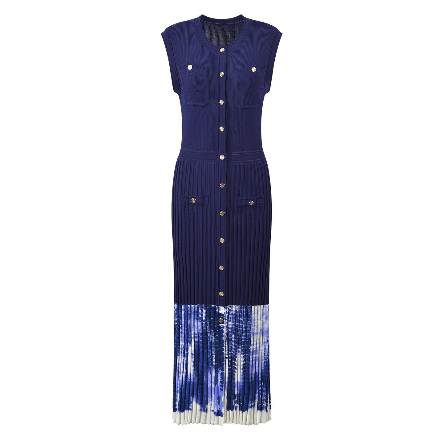 Button - Up Pleated Dress: Outfit in Breathable Knit - Blue