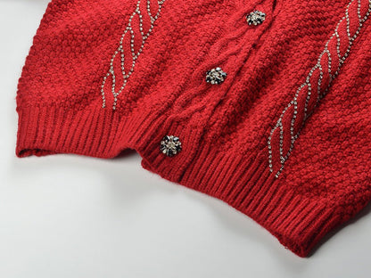 Cable Knit Embellished Cropped Cardigan - Red