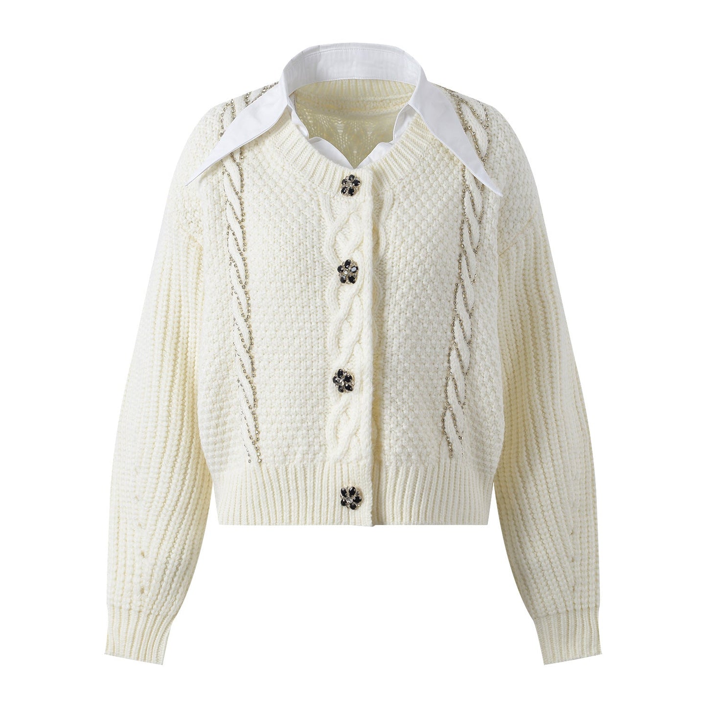 Cable Knit Embellished Cropped Cardigan - White