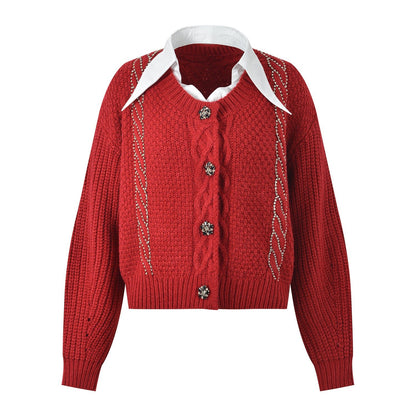 Cable Knit Embellished Cropped Cardigan - Red