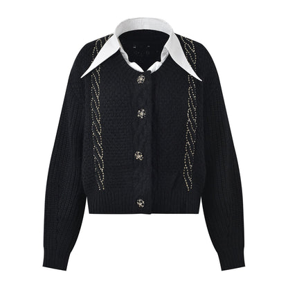 Cable Knit Embellished Cropped Cardigan - Black