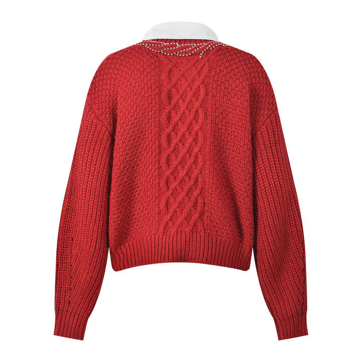 Cable Knit Embellished Cropped Cardigan - Red