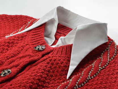 Cable Knit Embellished Cropped Cardigan - Red