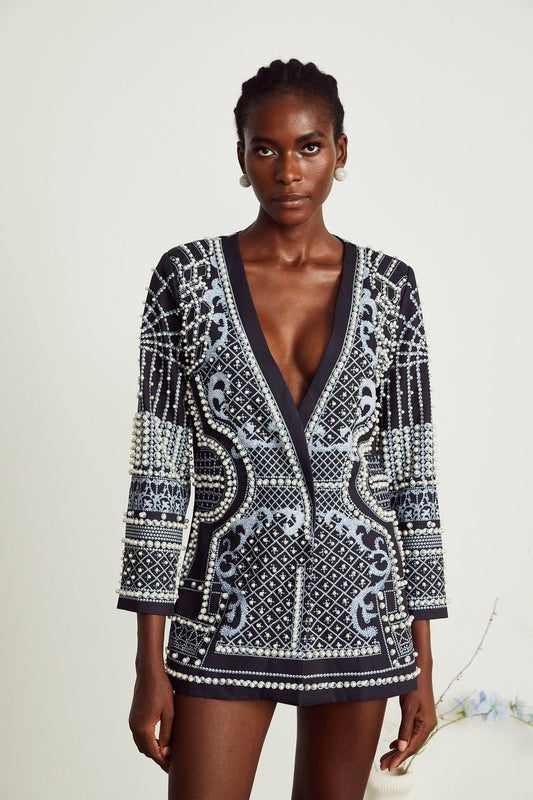 Pattern Print V Neck Blazer Dress