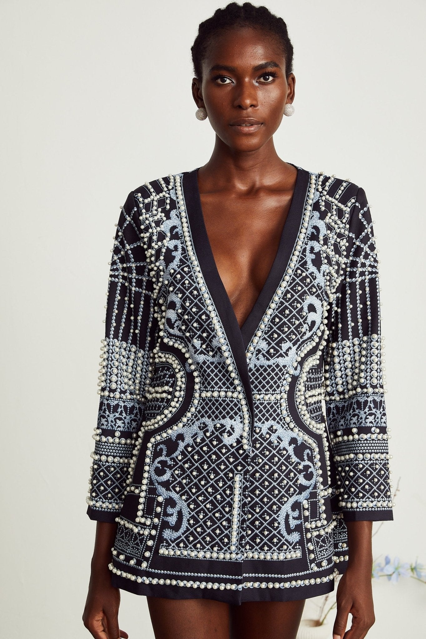 Pattern Print Blazer Dress with V Neck Detail