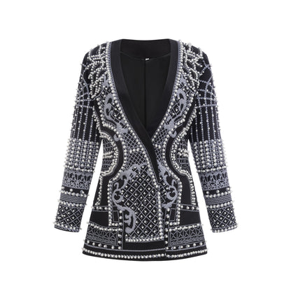 V Neckline Blazer Dress with Bold Pattern