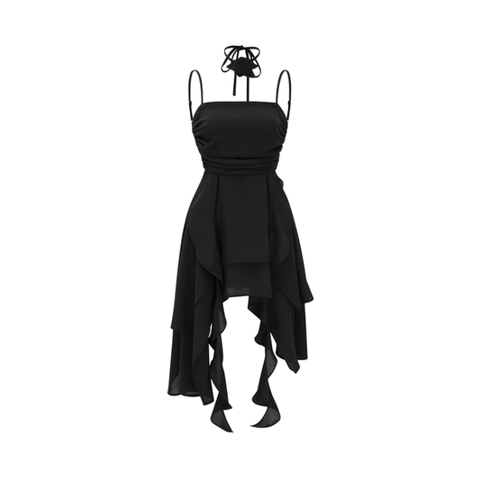 Black spaghetti strap dress with square neck floral cut rear zip fastening flower decoration at neck and asymmetric design Composed of 80% Polyester and 20% Cotton