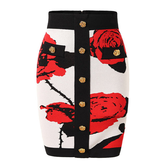 Chic Floral Pencil Skirt with Gold - Tone Buttons - Red