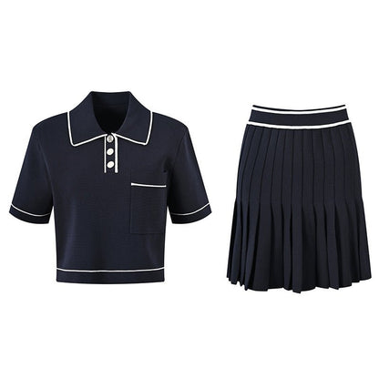 Classic Polo Boxy Top with Pleated Skirt: Relaxed Fit - Black