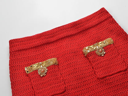 Cropped Long - Sleeve Knit with Textured Gold Accents - Red