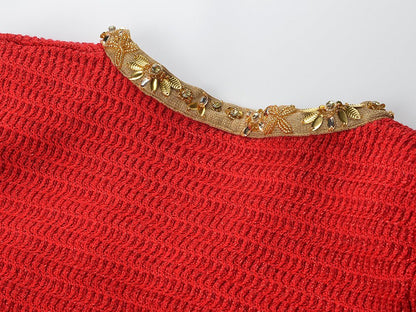 Cropped Long - Sleeve Knit with Textured Gold Accents - Red