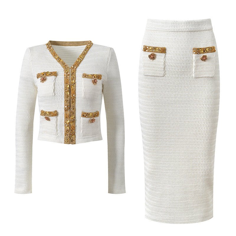 Cropped Long - Sleeve Knit with Textured Gold Accents - White