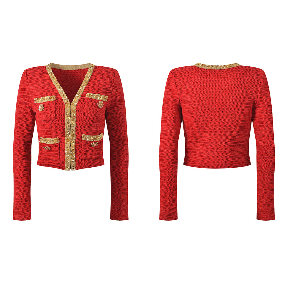 Cropped Long - Sleeve Knit with Textured Gold Accents - Red