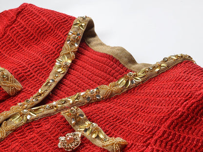 Cropped Long - Sleeve Knit with Textured Gold Accents - Red