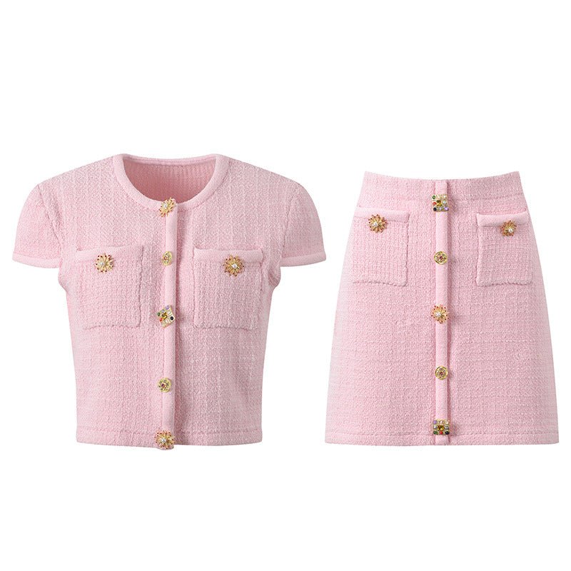 Cropped Top & Tailored Skirt Set with Classic Button - Up Design - Pink