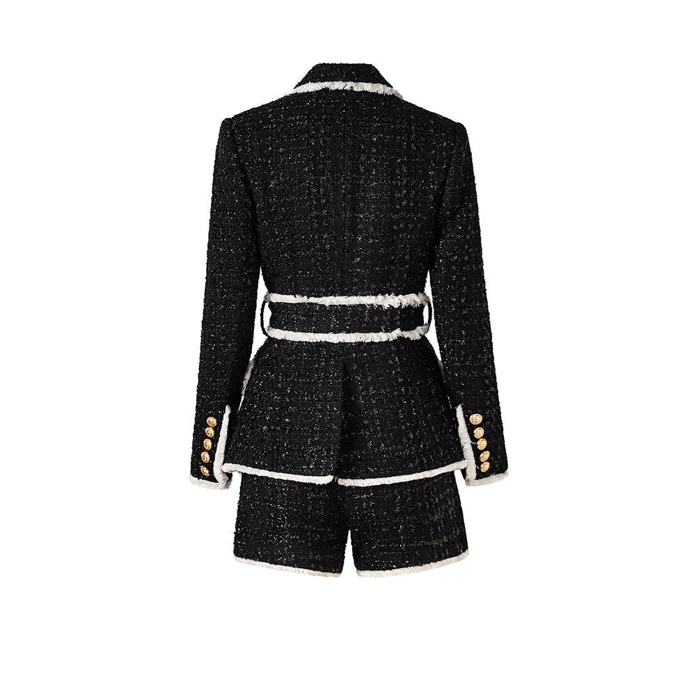 Double - Breasted Tailored Tweed Blazer with Shorts - Black