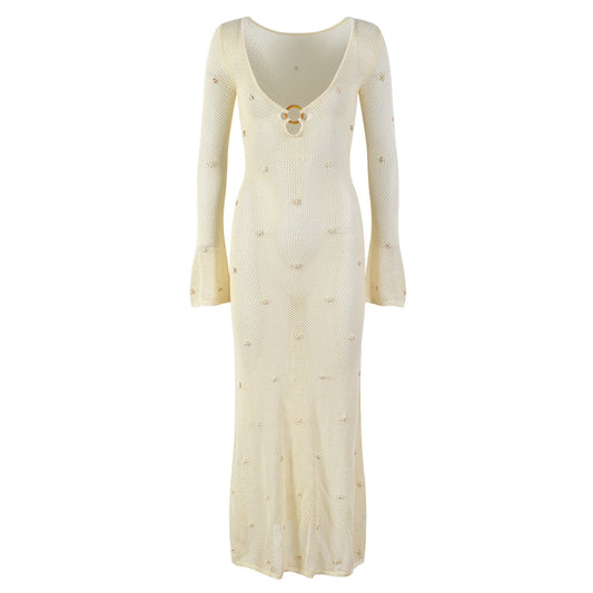 Ethereal Knit Maxi Dress with Bell Sleeves & Statement Ring - XXS