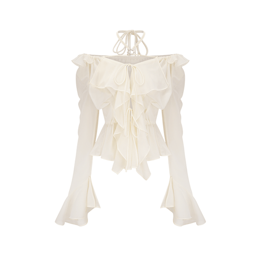 White Strapless Blouse with Long Sleeves and Ruffle Details