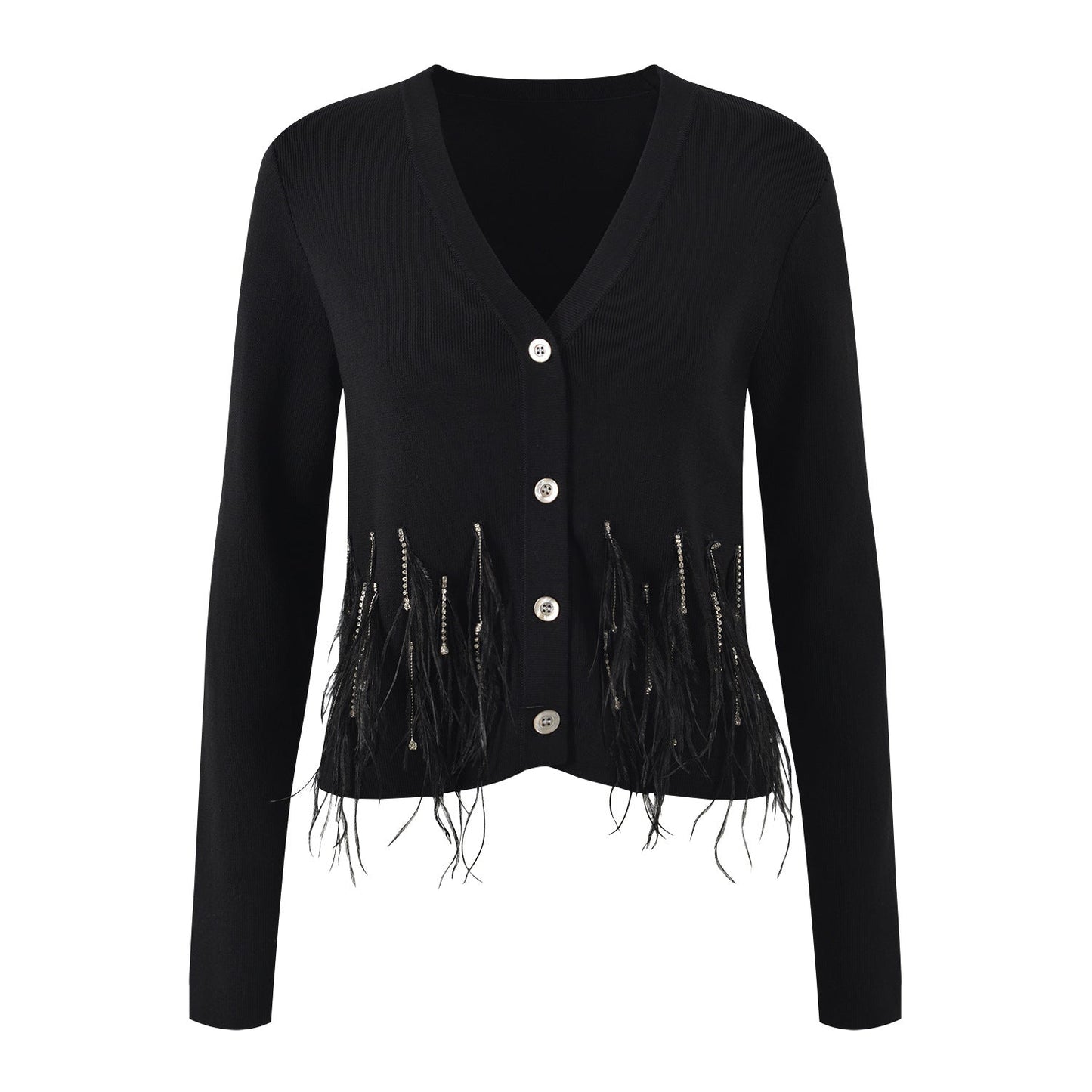 Feather Embellished V - Neck Knit Cardigan - Black