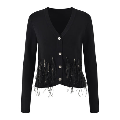 Feather Embellished V - Neck Knit Cardigan - Black