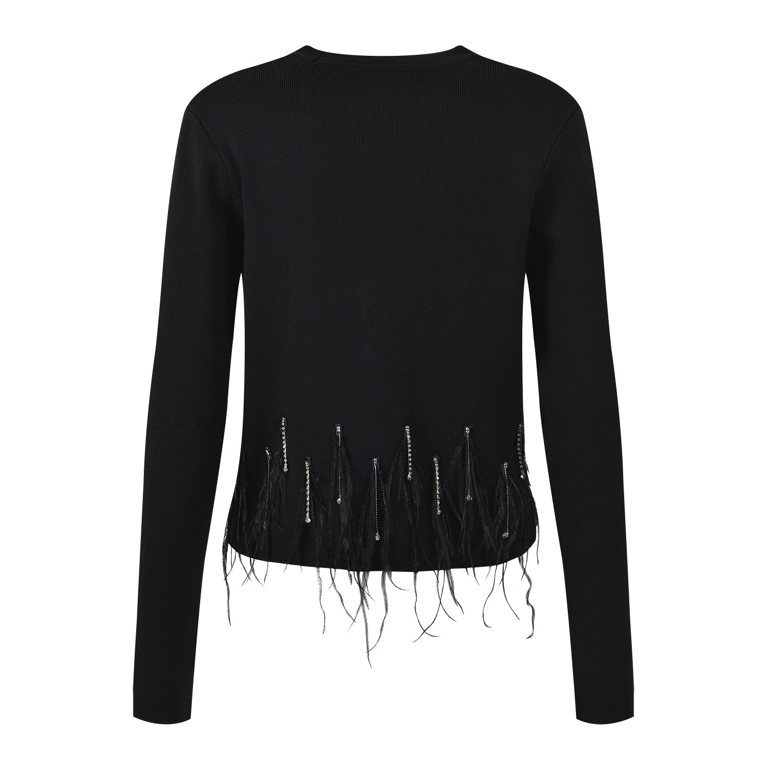 Feather Embellished V - Neck Knit Cardigan - Black