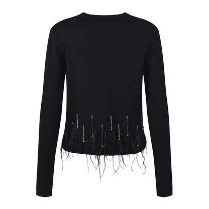 Feather Embellished V - Neck Knit Cardigan - Black