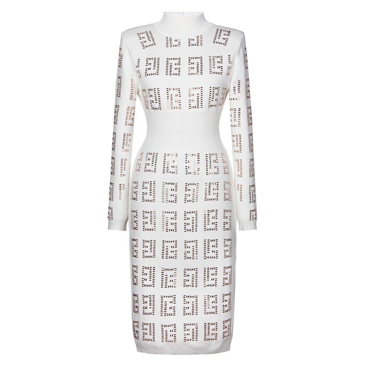 Fitted Dress with Geometric Cutouts & Metallic Accents - White