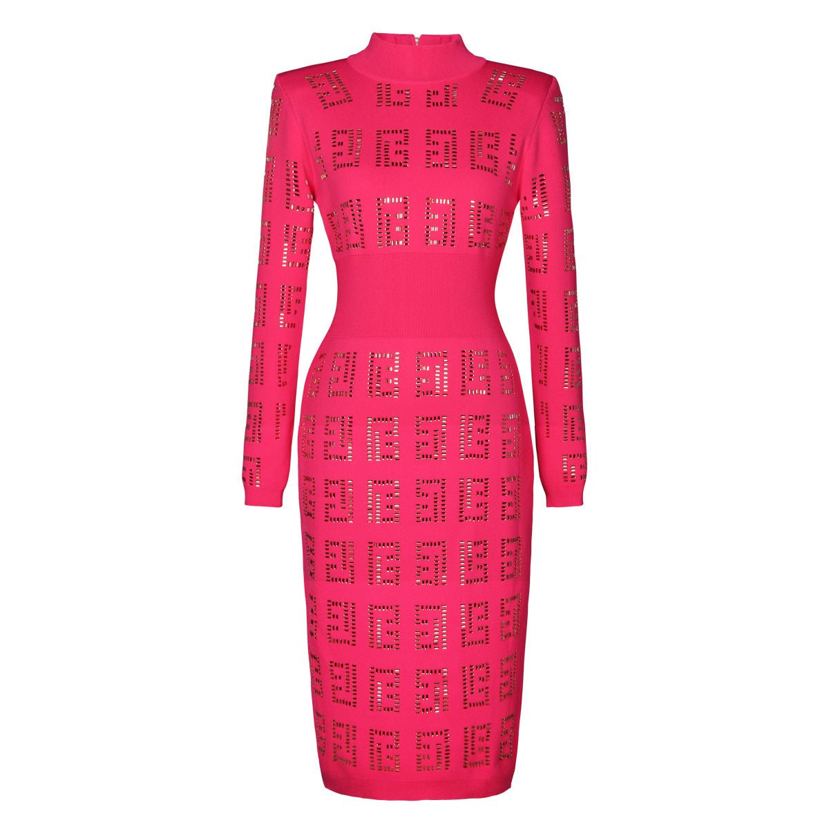 Fitted Dress with Geometric Cutouts & Metallic Accents - Pink