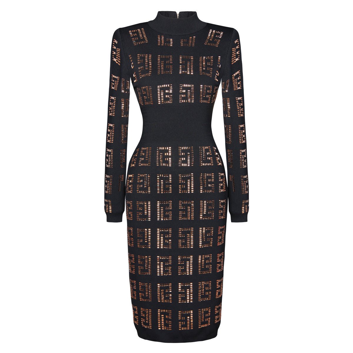 Fitted Dress with Geometric Cutouts & Metallic Accents - Black