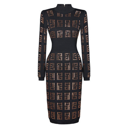 Fitted Dress with Geometric Cutouts & Metallic Accents - Black