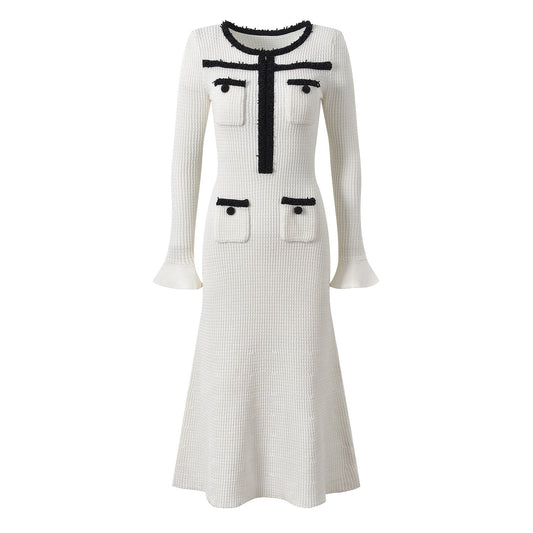 Fitted Flare Hem Dress with Unique Pocket Detail - White