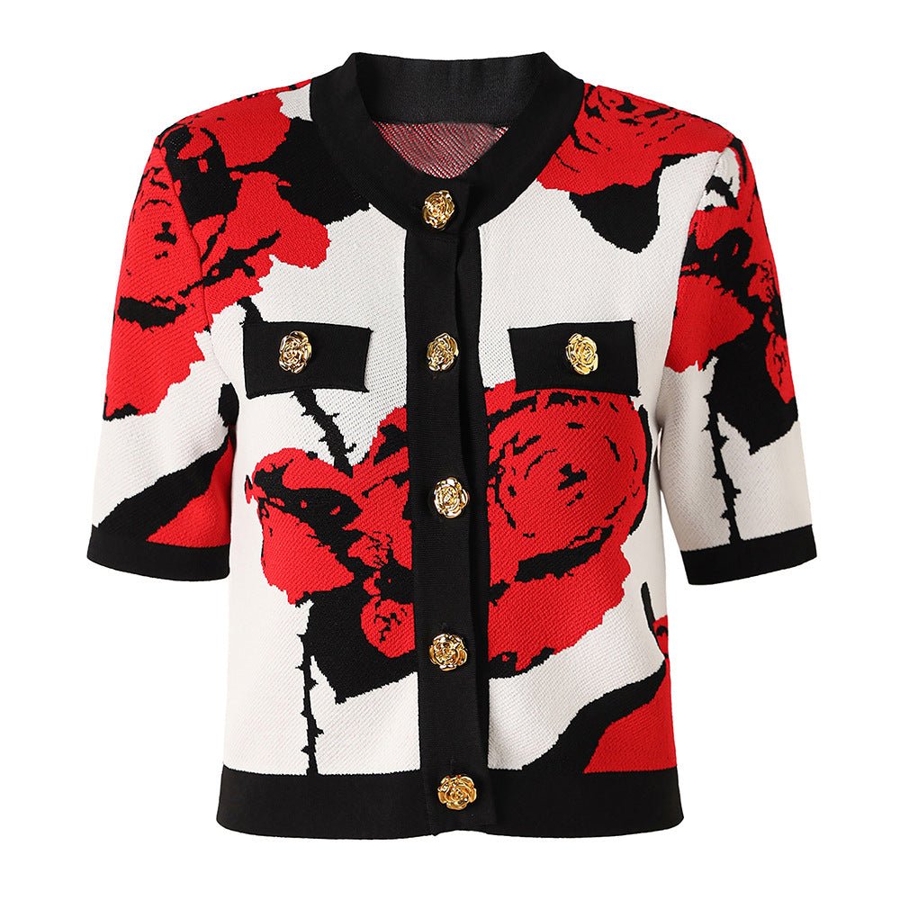 Floral Boxy Short - Sleeve Top with Bold Gold Buttons - Red