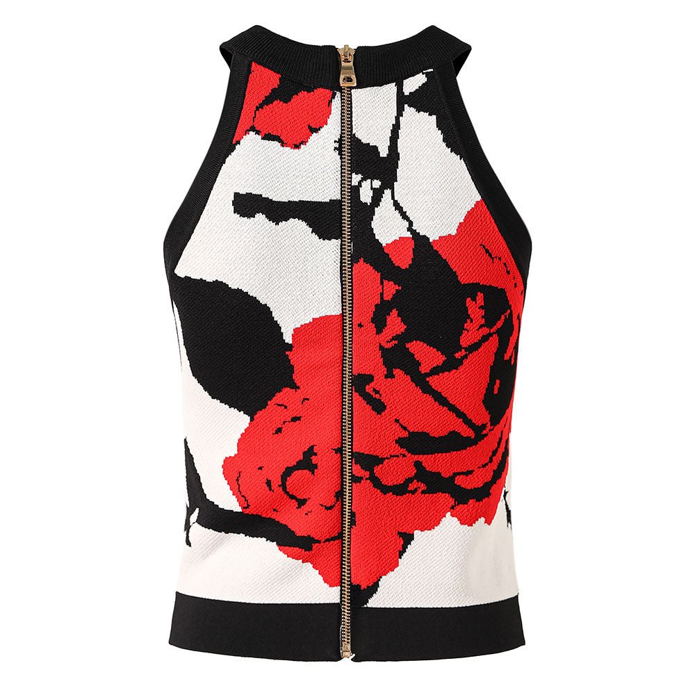 Floral High - Neck Sleeveless Crop Top with Golden Buttons - Red