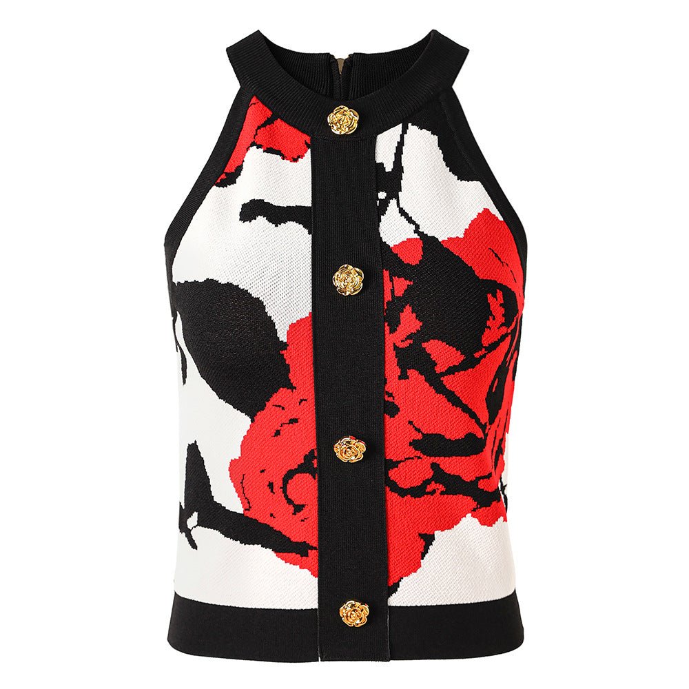 Floral High - Neck Sleeveless Crop Top with Golden Buttons - Red