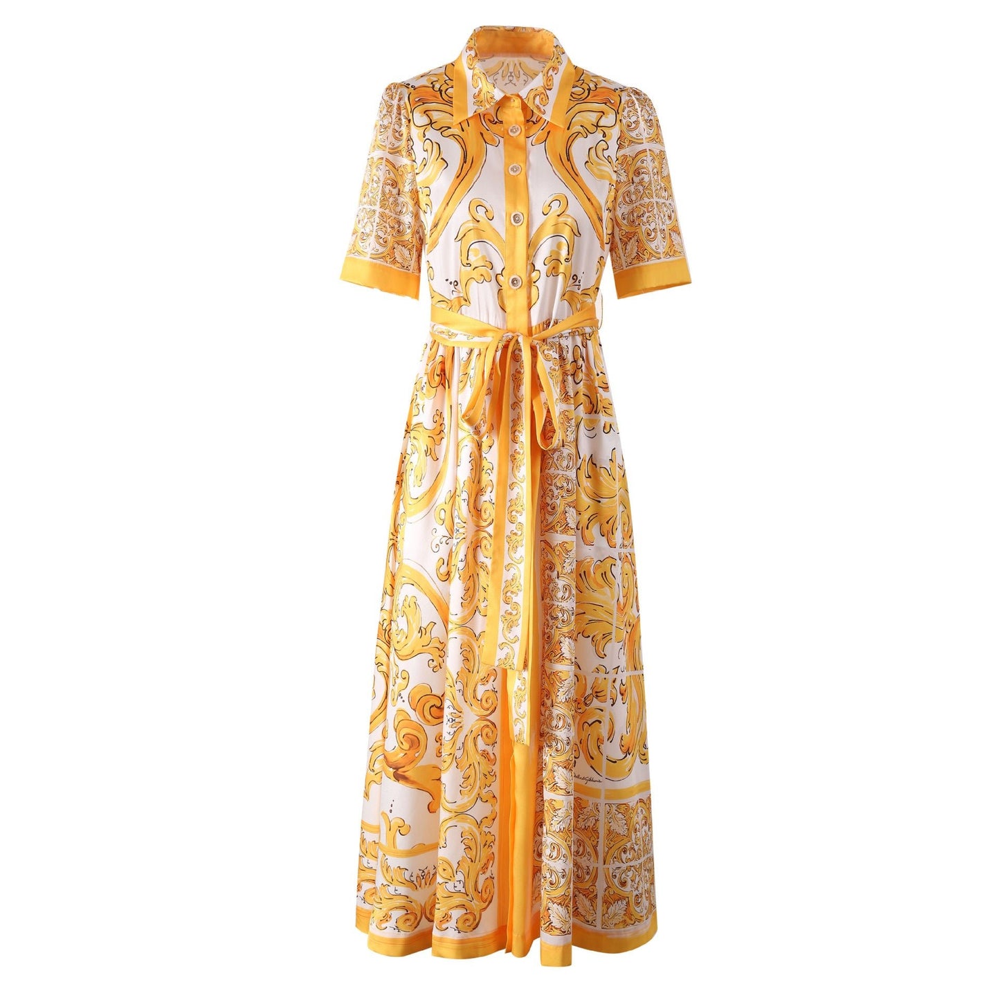 Flowing Silhouette Belted Dress - Yellow