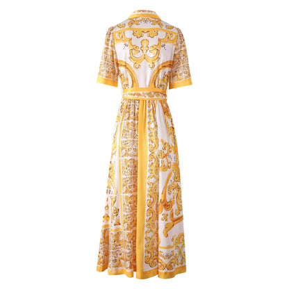 Flowing Silhouette Belted Dress - Yellow