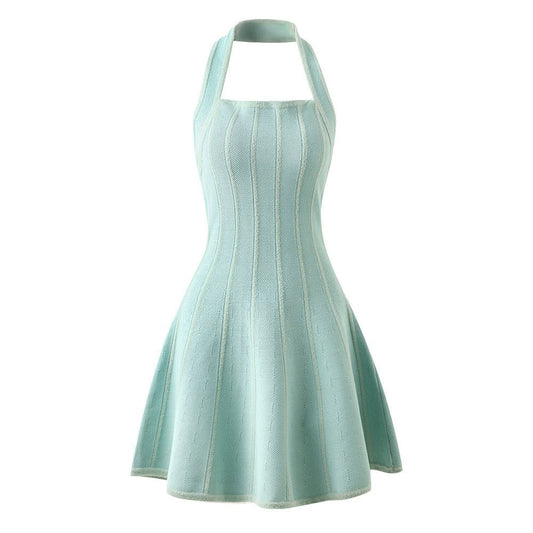 Halter Neck A - line Dress with Ribbed Details - Green