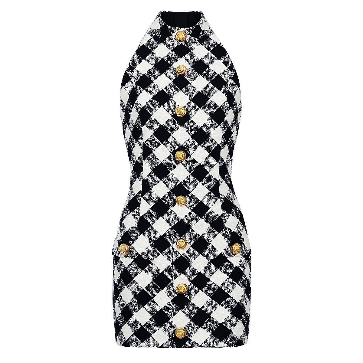 Halter Neckline Plaid Dress with Gold Statement Buttons - Black