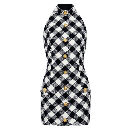 Halter Neckline Plaid Dress with Gold Statement Buttons - Black