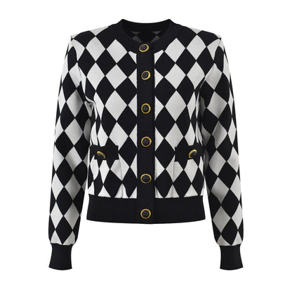 Harlequin Knit Cardigan with Gold Accents - Black